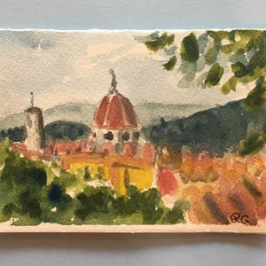 オリジナルの水彩画の白紙カード。イタリア、フィレンツェのドゥオーモの絵画。印刷物ではありません。