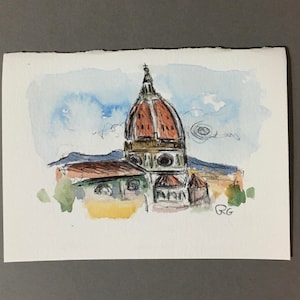ORYGINALNA Akwarela i długopis Pusta karta. Obraz katedry Duomo we Florencji we Włoszech. Nie jest to wydruk.