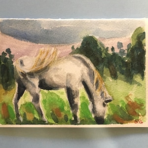 Aquarelle ORIGINALE, carte vierge. Tableau représentant un cheval blanc au pâturage. Pas une impression.