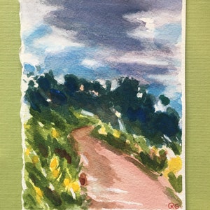 Peinture originale de carte de vœux vierge à l’aquarelle. Randonnée estivale sur sentier, paysage du Colorado, nuages de tempête. Pas une impression.