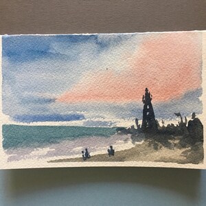 Carte de vœux aquarelle ORIGINALE. Scène de Sunset Beach et Light House (Isle of Palms, Caroline du Sud) Idée de carte de remise des diplômes et de retraite