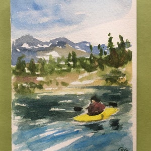 Carte vierge originale à l'aquarelle, kayak sur le lac Dillon, Colorado. Idée cadeau d'anniversaire et de retraite pour mari et grands-parents
