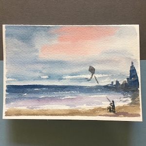 Aquarelle originale, carte de voeux vierge, cerf-volant à Isle of Palms, coucher de soleil sur la plage de Caroline du Sud, rétablissement, carte de retraite