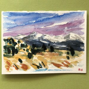 Carte aquarelle ORIGINALE, Enneigé, Automne, Peinture colorée des montagnes du Colorado, Carte vierge. Cadeau d'anniversaire et de retraite d'automne, pas une impression