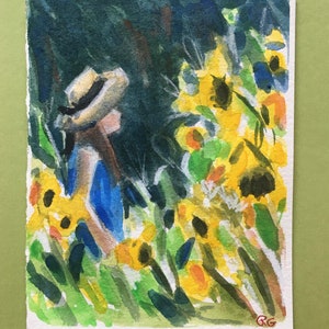 Carte aquarelle ORIGINALE. Peinture d'une jeune fille marchant dans les champs de tournesols. Pas une impression.