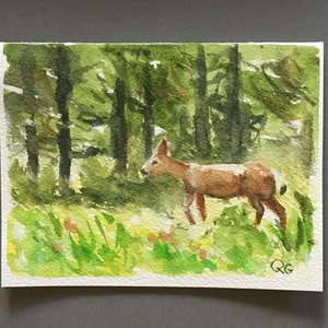 ORIGINAL Aquarell Grußkarte, süßes Tierbaby Bambi Hirsch. Entzückendes und fröhliches Muttertag, Geburtstagsgeschenk für den Wanderer.
