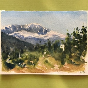 Aquarelle originale, carte vierge, paysage de montagnes Rocheuses de Breckenridge, Colorado. Cadeau/carte fait main pour la retraite, pendaison de crémaillère
