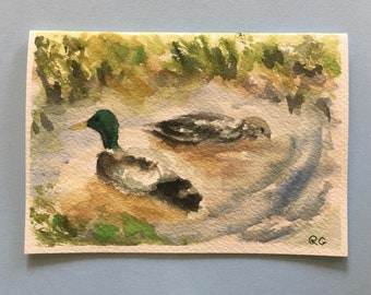 ORIGINAL Watercolor Blank Card, Mallard Duck Pair. Not a Print.