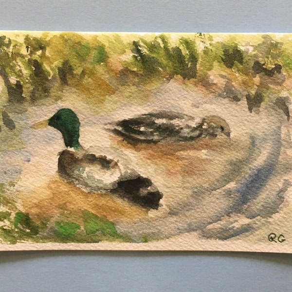 ORIGINAL Watercolor Blank Card, Mallard Duck Pair. Not a Print.