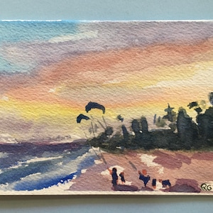 Carte de vœux originale de peinture à l’aquarelle. Amusement, cerfs-volants volants, coucher de soleil, scène de plage. Pas une impression. Voiture de retraite, idée cadeau pour les grands-parents