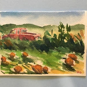 Carte de voeux vierge aquarelle ORIGINALE, champ de citrouilles paysage du comté d'automne et vieille camionnette Ford. Action de grâces, carte de récolte