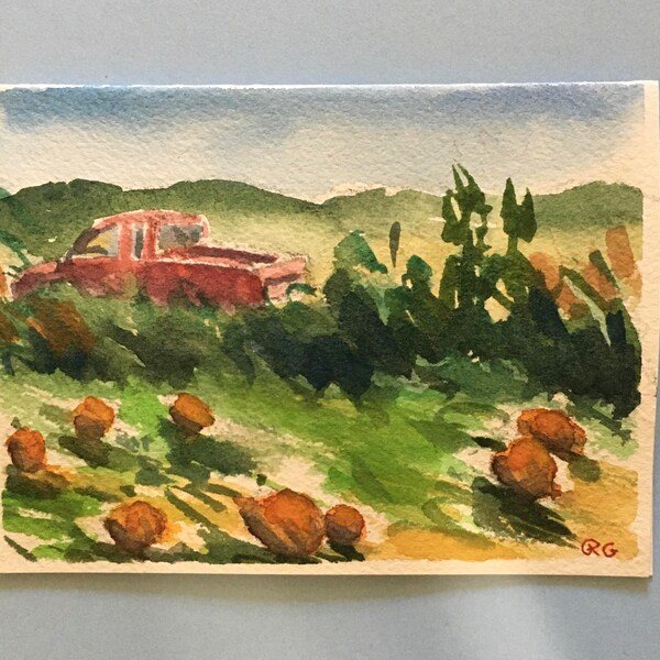 ORIGINAL Watercolor Blank Greeting Card, Fall County Landscape Pumpkin Patch and Old Ford Pickup Truck. Thanksgiving, Harvest Card