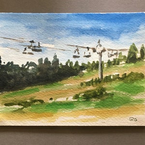 Carte aquarelle originale. Peinture représentant l'été aux remontées mécaniques. Pas une impression