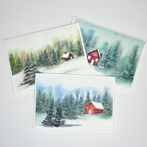 Misty tree Christmas cards, Christmas cards, watercolor Christmas cards, hand painted Christmas cards, cabin in the woods Christmas cards