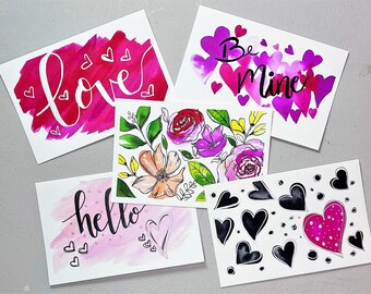 Valentine's postcards, Hand painted postcards, Hand painted Valentine post cards, hand made postcards, floral postcards