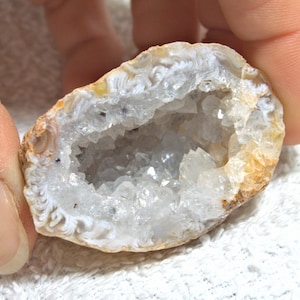 Peut inclure: Une géode avec un extérieur blanc et brun, révélant un intérieur creux rempli de cristaux de quartz clairs.