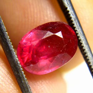 Puede incluir: Una gema ovalada de color rojo vibrante con una superficie lisa y pulida. La gema está sujeta por unas pinzas.