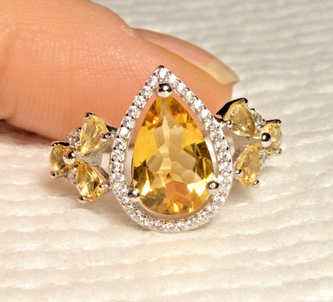 17.45 Tcw。ブラジル産シトリン/CZ 14Kホワイトゴールドメッキリング