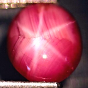 May include: A cabochon-cut star ruby gemstone with a deep pinkish-red hue. The stone displays a distinct six-rayed star effect, known as asterism, created by light reflecting off internal needle-like inclusions within the polished surface.