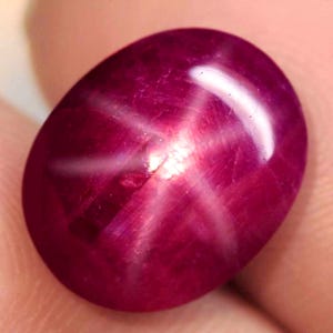 May include: A polished, oval ruby gemstone displaying a six-ray star effect. The gem is a deep red hue, with a bright white star pattern emanating from the centre. The surface is smooth and reflective, highlighting the stone's natural beauty.