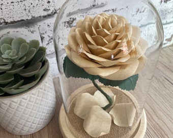 Paper Rose Anniversary gift in Wooden Bell Jar. First anniversary, wedding gift