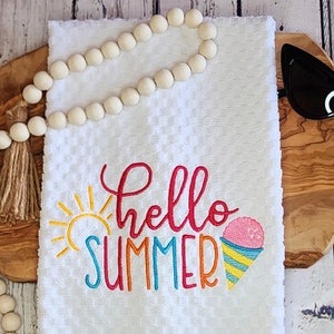 White Kitchen Towel - Hello Summer - Summer Decor Embroidered