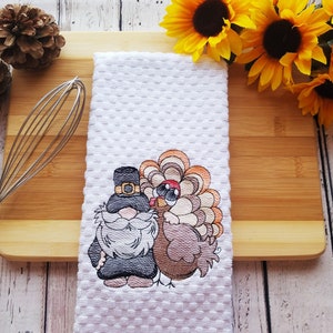 White Kitchen Towel - Pilgrim Gnome and Turkey - Thanksgiving Towel