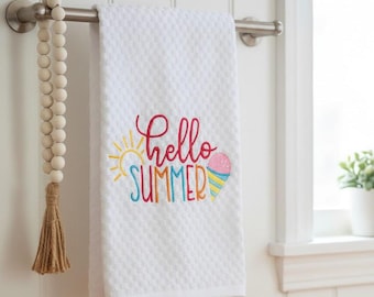 White Kitchen Towel - Hello Summer - Summer Decor Embroidered