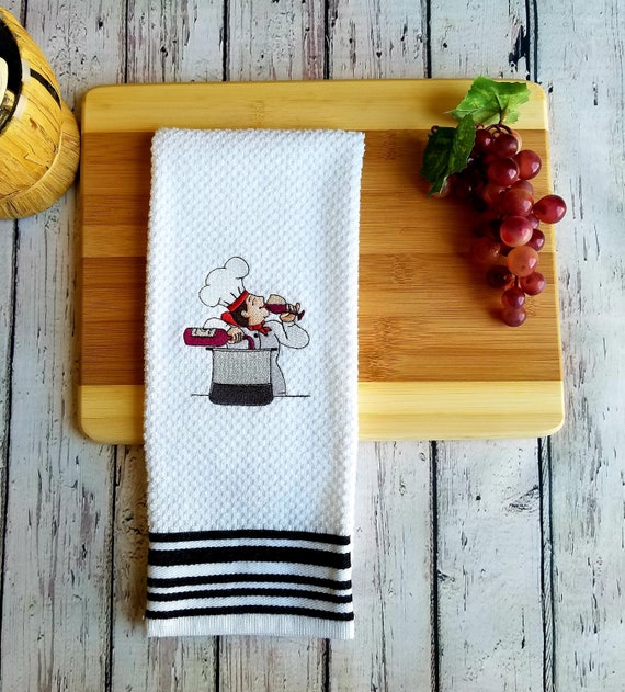 Fat Chef Black Striped Kitchen Towel Cooking With Wine 
