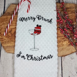 Embroidered Christmas Kitchen Towel: Merry Drunk Santa