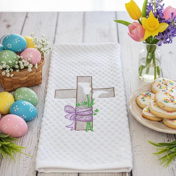 Embroidered Easter Cross Kitchen Towel: White Cotton Waffle Weave