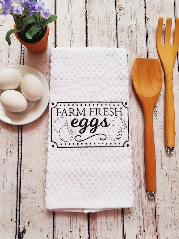 White Farmhouse Kitchen Towels Farm Fresh Eggs 