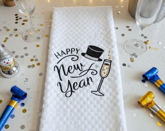 Embroidered New Year Kitchen Towel: Champagne & Top Hat Design
