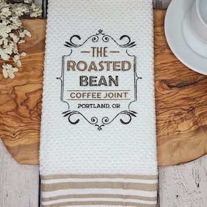 White kitchen towel - Roasted Bean Coffee - Embroidered Towel