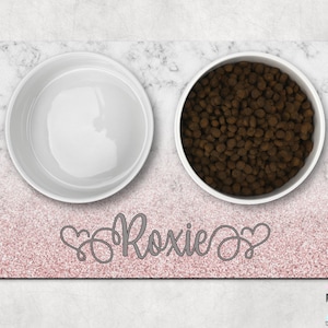Grey Marble Pink glitter Dog Mat, Marble Personalized Dog Placemat, Custom Pet Food Mat, Pet Bowl Mat, Cat Feeding Mat, New Puppy Gift