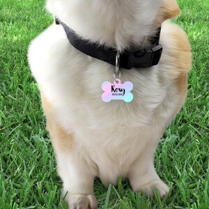 以下が含まれることがあります： 白と茶色の犬が黒い首輪をしています。首輪にはピンク、青、紫の骨の形をした犬用タグが付いていて、「Roxy」と電話番号が書かれています。