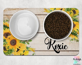 Sunflowers Wood texture Dog Mat, Marble Personalized Dog Placemat, Custom Pet Food Mat, Pet Bowl Mat, Cat Feeding Mat, New Puppy Gift