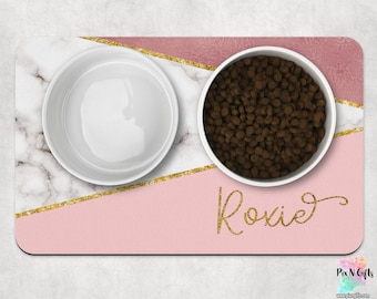 Grauer Marmor Rosa und Gold Hundematte, Marmor personalisierte Hunde Tischset, kundenspezifische Haustierfutter Matte, Fressnapf Matte, Katzenfütterungsmatte, neues Welpen Geschenk