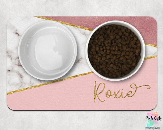 Grey Marble Pink and Gold Dog Mat, Marble Personalized Dog Placemat, Custom Pet Food Mat, Pet Bowl Mat, Cat Feeding Mat, New Puppy Gift