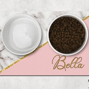Grey Marble Pink and Gold Dog Mat, Marble Personalized Dog Placemat, Custom Pet Food Mat, Pet Bowl Mat, Cat Feeding Mat, New Puppy Gift