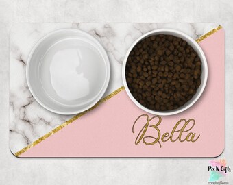 Grau Marmor rosa und Gold Hund Matte, Marmor personalisierte Hund Tischbeset, benutzerdefinierte Pet Food Matte, Pet Bowl Matte, Katze Fütterung Sendematte, neue Welpen Geschenk