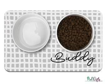 Grey Squares Dog Mat, Personalized Dog Placemat, Custom Pet Food Mat, Pet Bowl Mat, Cat Feeding Mat, New Puppy Gift Minimalist