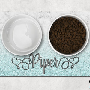 Grey Marble Aqua glitter Dog Mat, Marble Personalized Dog Placemat, Custom Pet Food Mat, Pet Bowl Mat, Cat Feeding Mat, New Puppy Gift