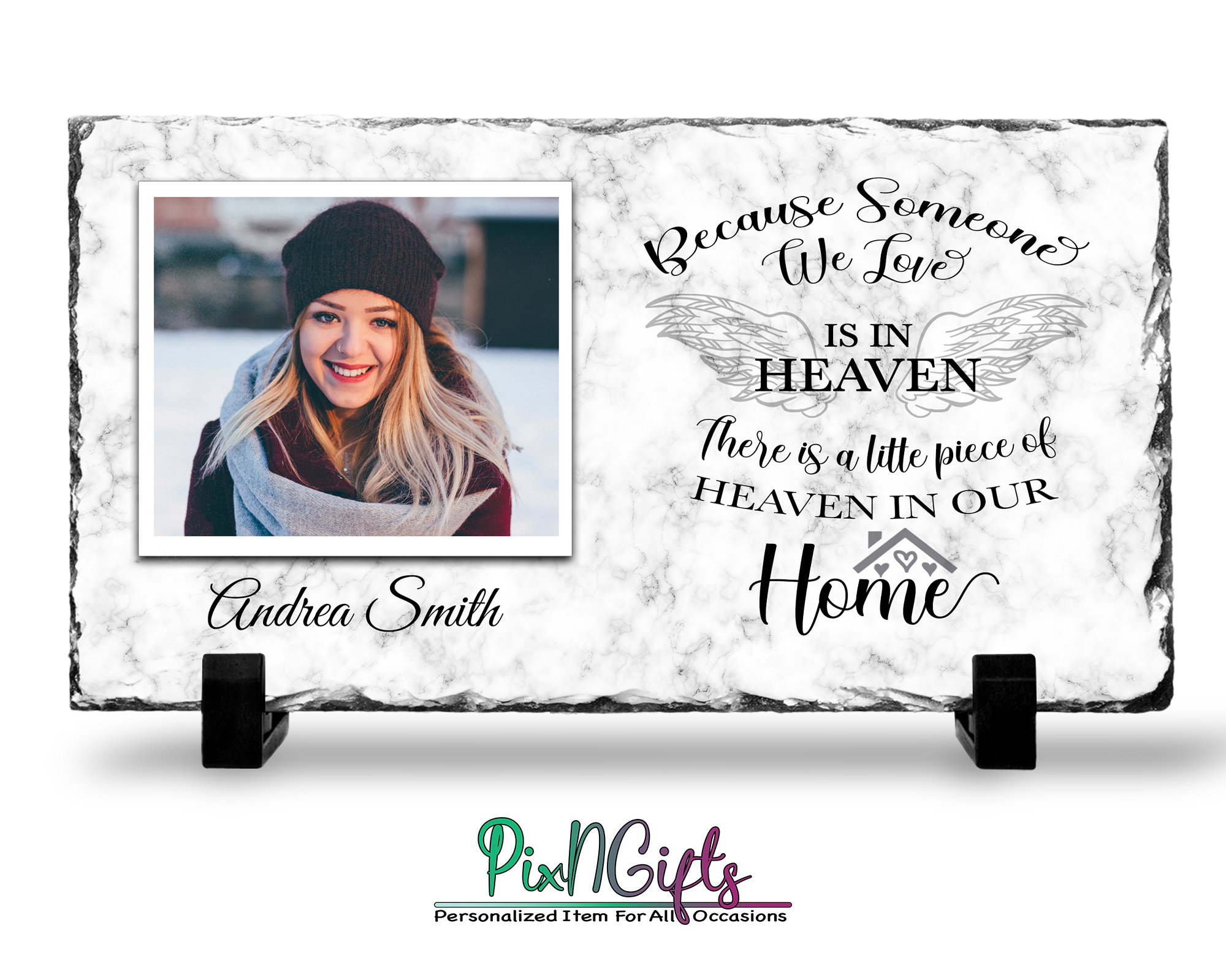 Personalized Slate Photo Frame - Custom Round Rock Stone Memorial Plaque With Stand