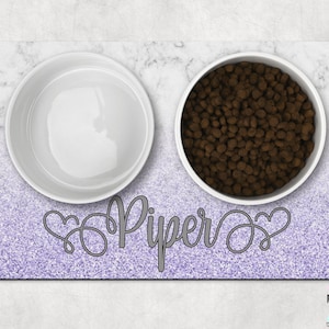 Grey Marble Purple glitter Dog Mat, Marble Personalized Dog Placemat, Custom Pet Food Mat, Pet Bowl Mat, Cat Feeding Mat, New Puppy Gift