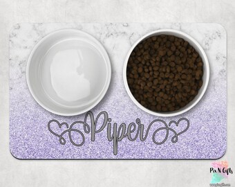 Grijs marmeren paars glitter hond mat, marmeren gepersonaliseerde hond placemat, aangepaste pet food mat, Pet Bowl Mat, Cat Feeding Mat, Nieuwe Puppy Gift