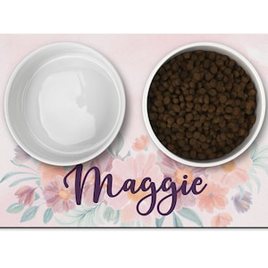 Blush Watercolor Flowers Dog Mat, Personalized Dog Placemat, Custom Pet Food Mat, Pet Bowl Mat, Cat Feeding Mat, New Puppy Gift, Custom pet