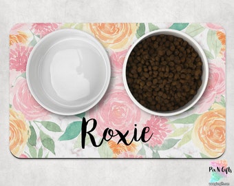 Watercolor Flowers Dog Mat, Marble Personalized Dog Placemat, Custom Pet Food Mat, Pet Bowl Mat, Cat Feeding Mat, New Puppy Gift