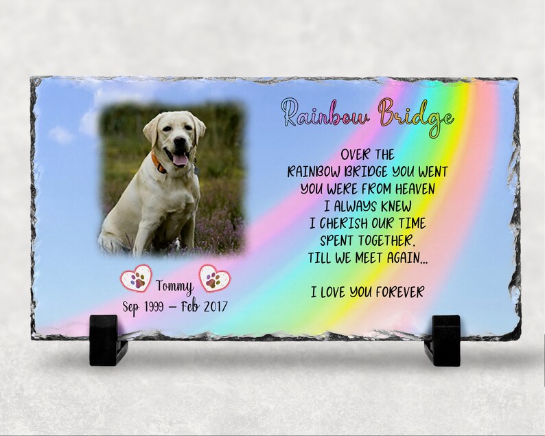 Pet Portraits Art Collectibles Dog Or Pet Memorial Solid Rock Personalized Photo Slate Rainbow Bridge Sky