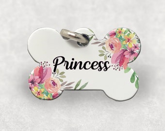 かわいい花柄の金属製ドッグタグ - 骨の形をしており、子犬にぴったりです。厚くて丈夫な金属製です。